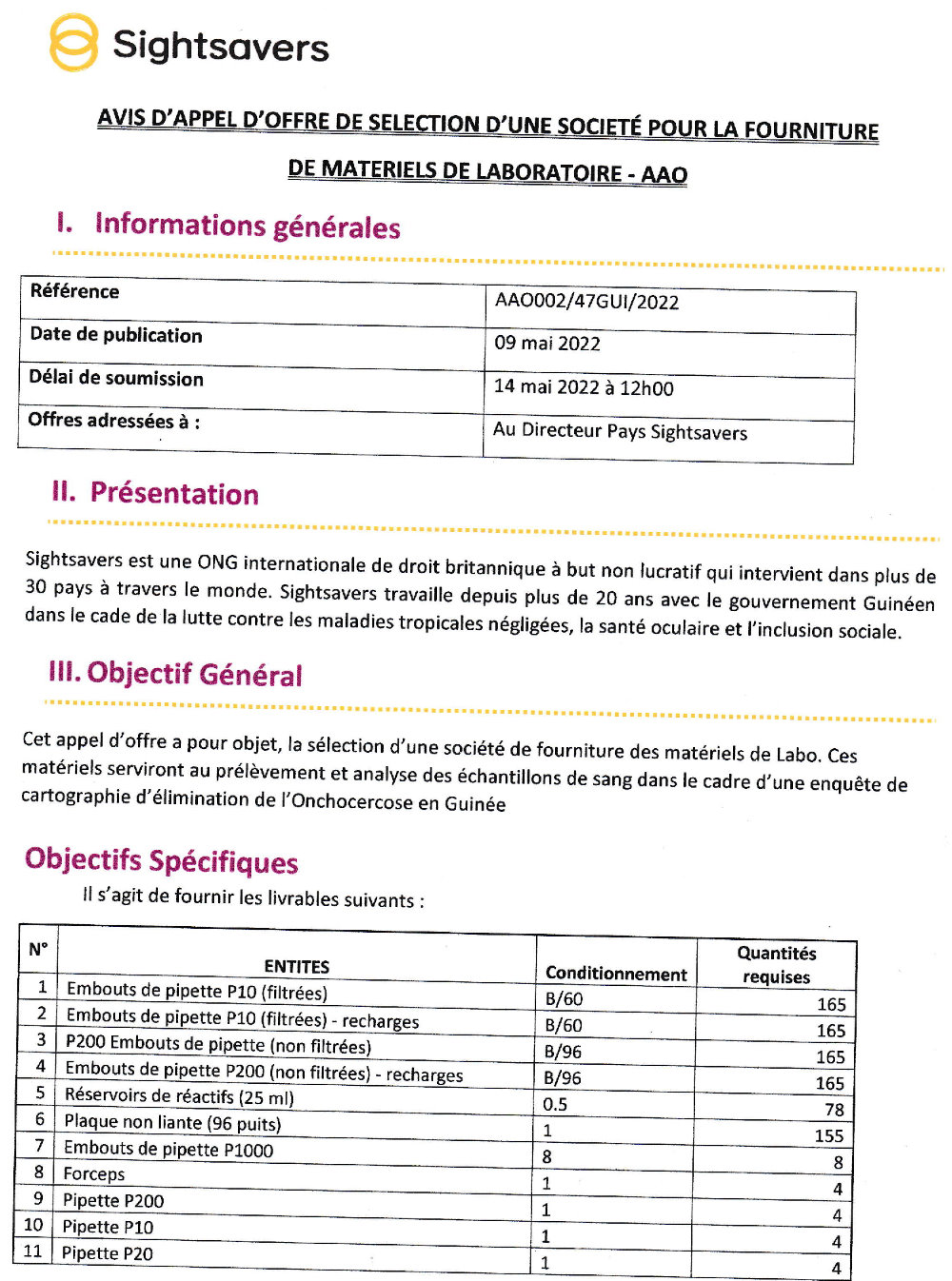 Avis D'appel D'offre De Selection D'une Societé Pour La Fourniture De Materiels De Laboratoire - Page 1