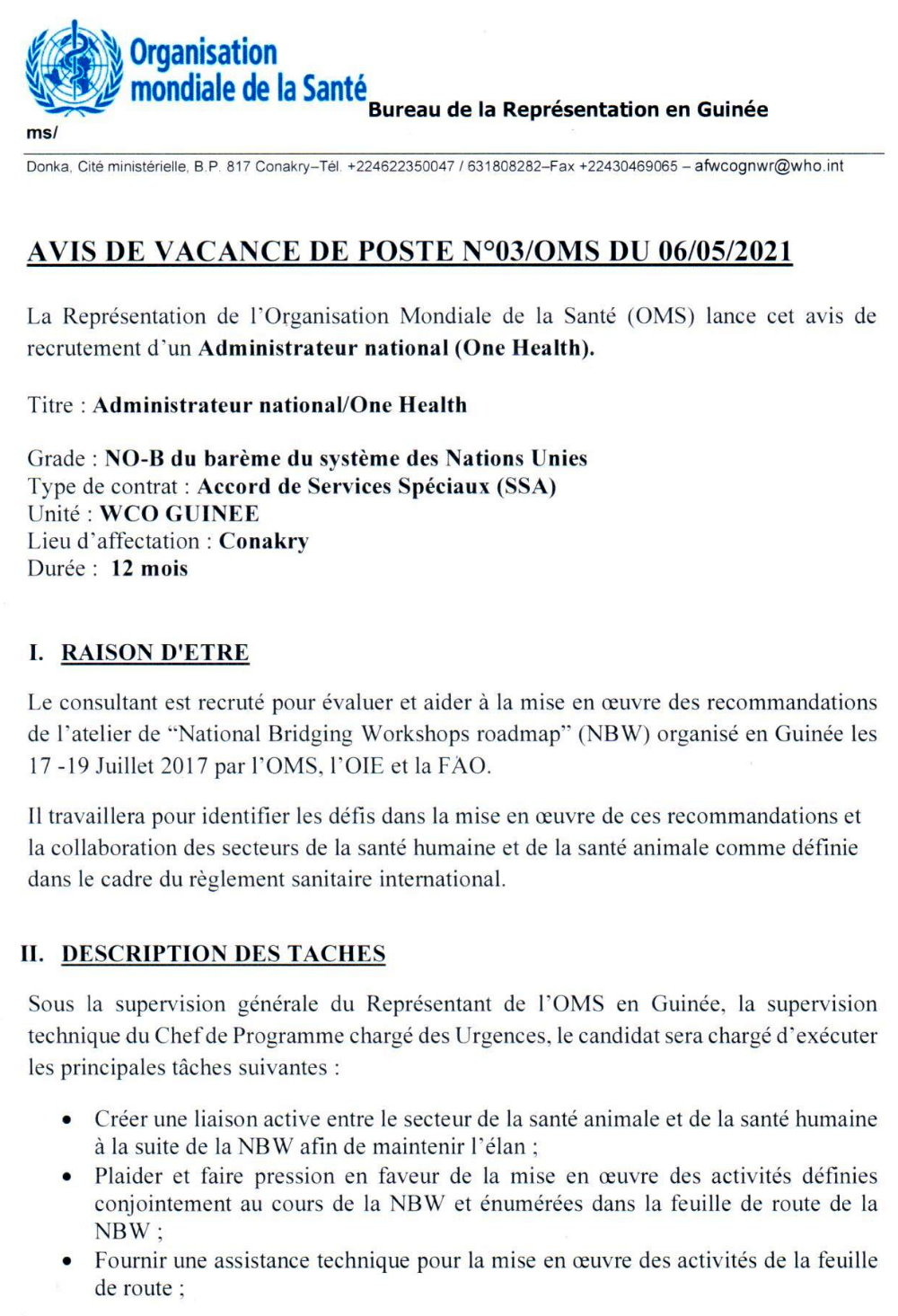 offre d'emploi: Recrutement D'un Administrateur National/One Health P1