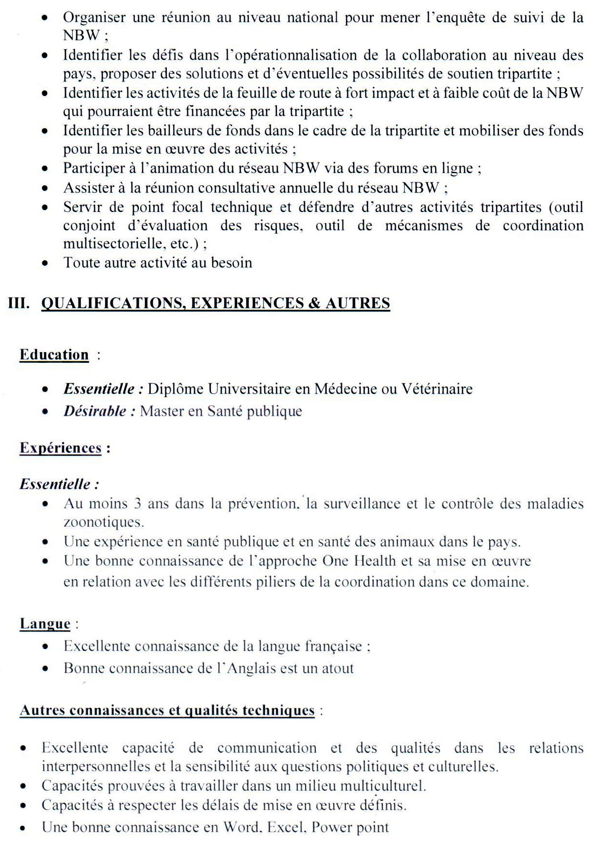 offre d'emploi: Recrutement D'un Administrateur National/One Health P2