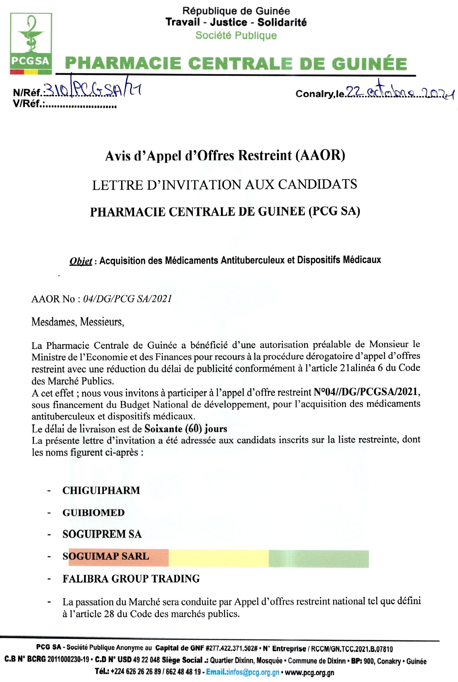 Avis d'appel d'offres restreint pour l'acquisition des médicaments antituberculeux et dispositifs médicaux p1