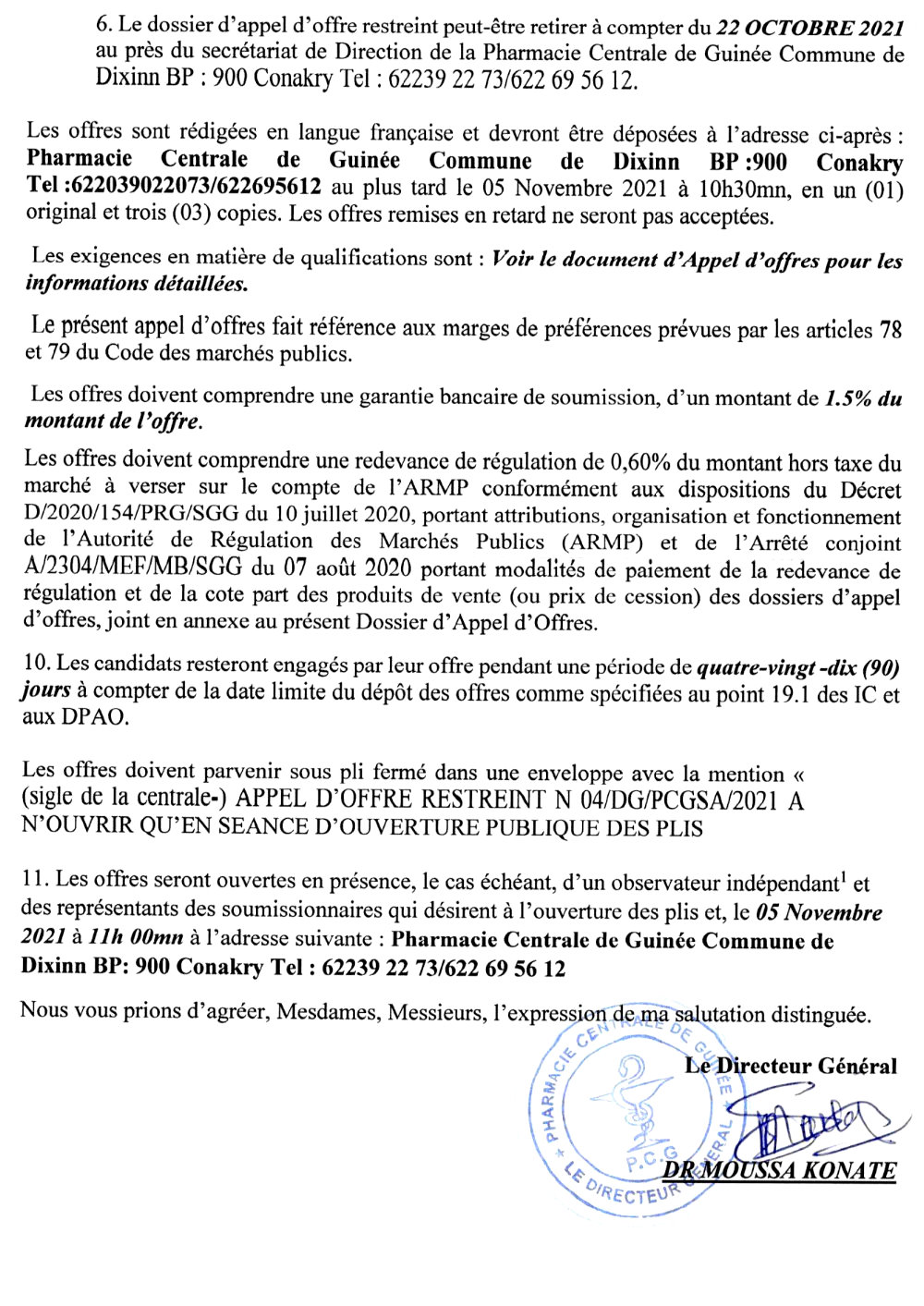 Avis d'appel d'offres restreint pour l'acquisition des médicaments antituberculeux et dispositifs médicaux p12