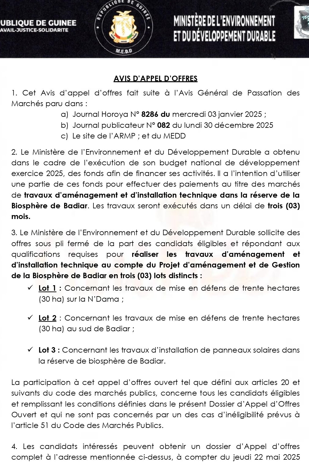Avis d'appel d'offres pour les marchés de travaux d’aménagement et d’installation technique dans la réserve de la Biosphère de Badiar | Page 1