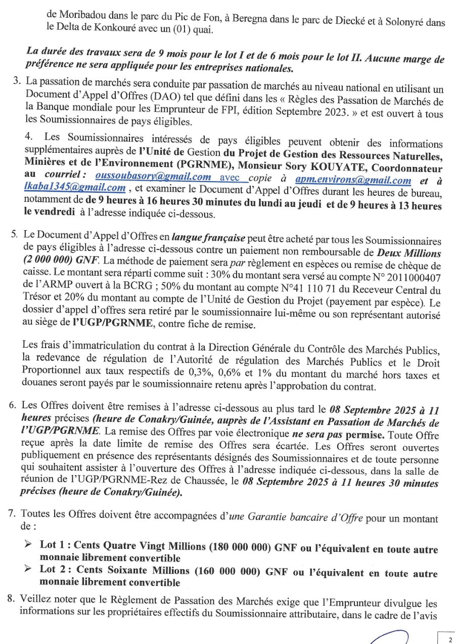 Avis d'appel d'offres pour la Construction et aménagement des bâtiments de l’Office Guinéen des Parcs Nationaux et Réserves de Faune (OGPNRF) dans les aires protégées (Diecké), Pic de Fon-Mont Béro, Niger-Source, Rio Pongo, Kounounkan, Konkouré, Iles de Loos, Kapatchez | Page 2