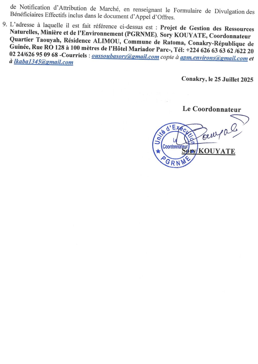 Avis d'appel d'offres pour la Construction et aménagement des bâtiments de l’Office Guinéen des Parcs Nationaux et Réserves de Faune (OGPNRF) dans les aires protégées (Diecké), Pic de Fon-Mont Béro, Niger-Source, Rio Pongo, Kounounkan, Konkouré, Iles de Loos, Kapatchez | Page 3
