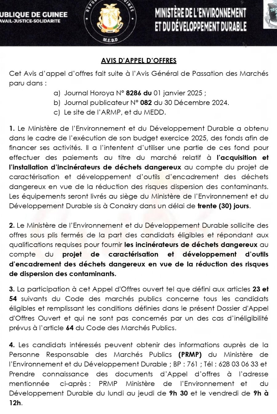 Avis d'appel d'offres pour le marché relatif à l’acquisition et l’installation d’incinérateurs de déchets dangereux | Page 1