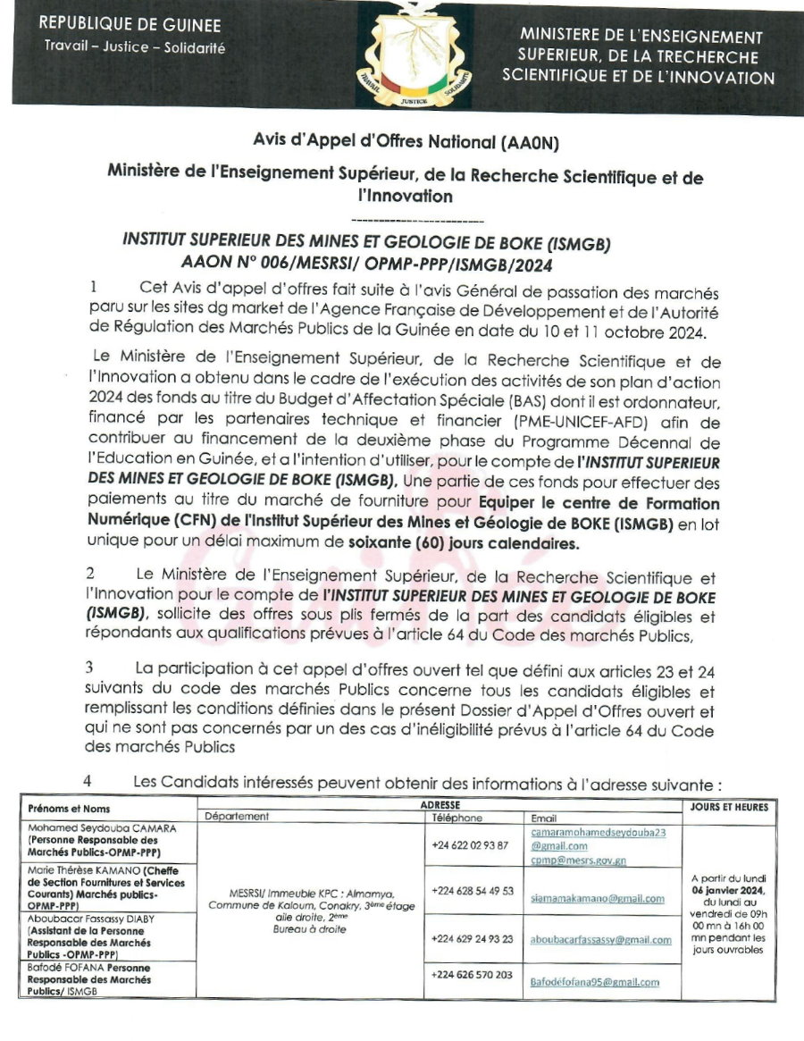 Avis d'appel d'offres National pour le marché de fourniture pour Equiper le centre de Formation Numérique (CFN) de l'Institut Supérieur des Mines et Géologie de BOKE (ISMGB) en lot unique | Page 1