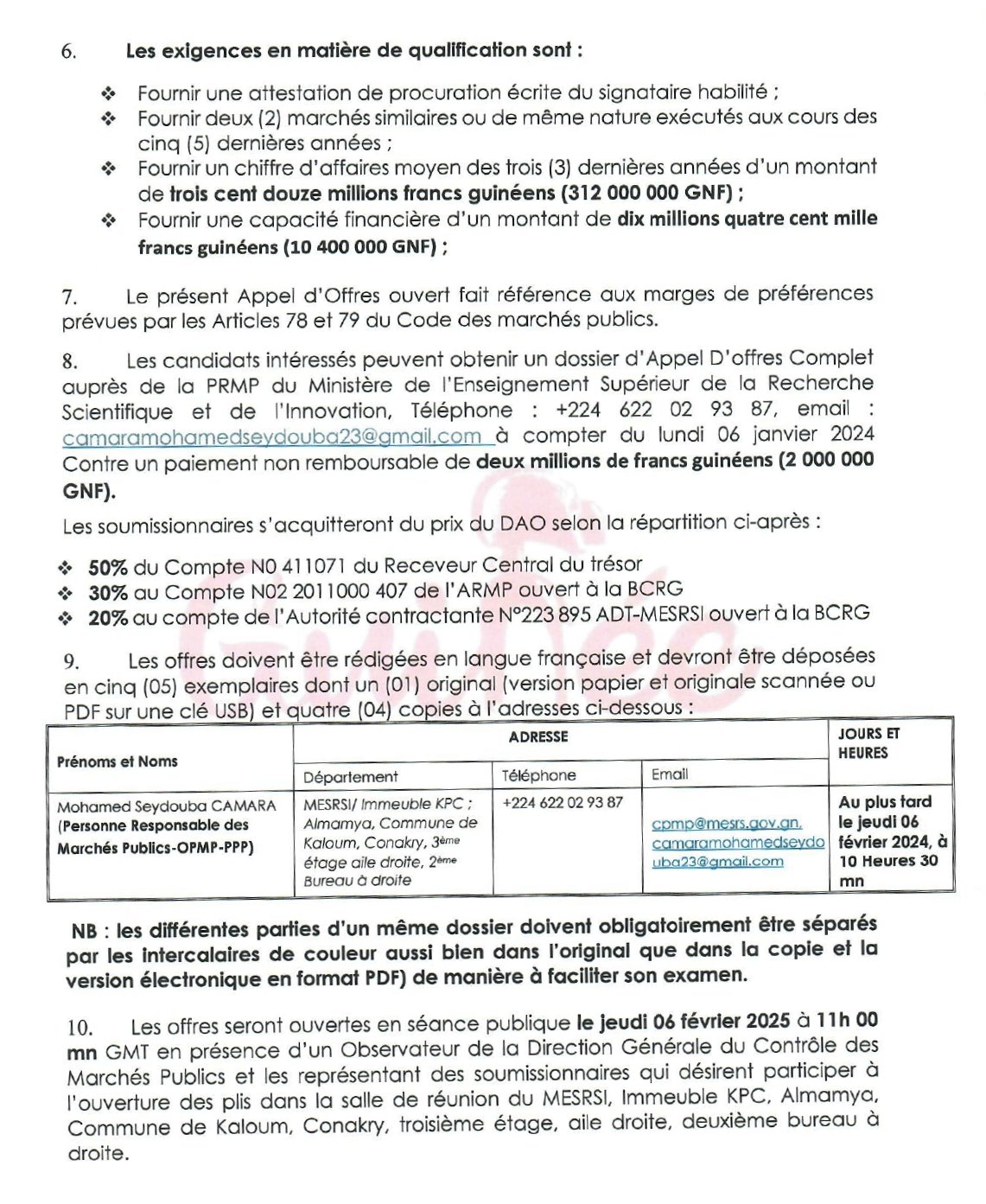 Avis d'appel d'offres National pour le marché de fourniture pour Equiper le centre de Formation Numérique (CFN) de l'Institut Supérieur des Mines et Géologie de BOKE (ISMGB) en lot unique | Page 2
