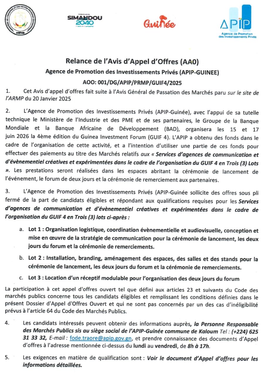 Relance: Marchés relatifs aux Services d'agences de communication et d'évènementiel créatives et expérimentées dans le cadre de l'organisation du GUIF 4 en Trois (3) Lots | Page 1