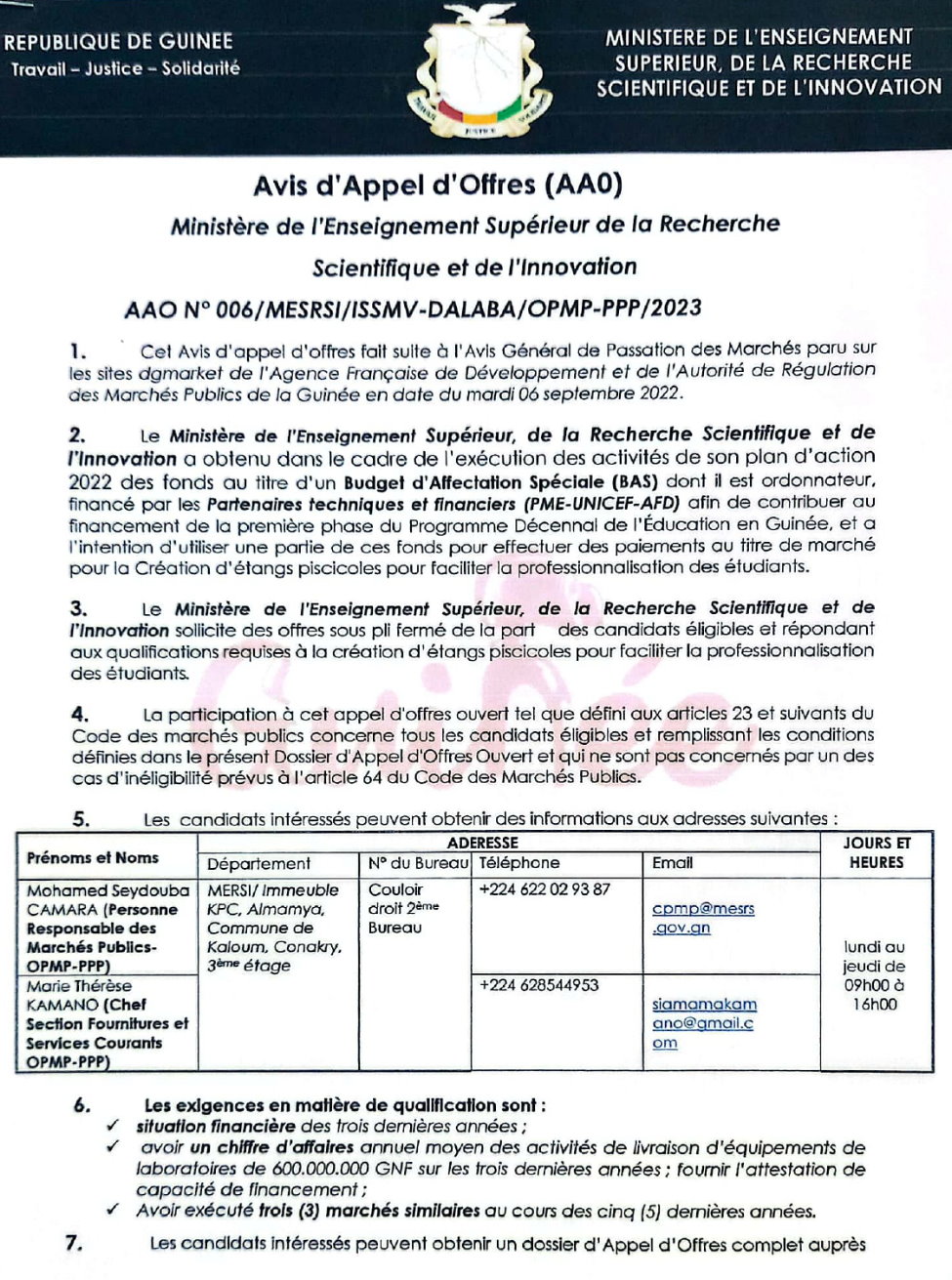Avis d'appel d'offres pour le marché pour la Création d'étangs piscicoles pour faciliter la professionnalisation des étudiants | Page 1