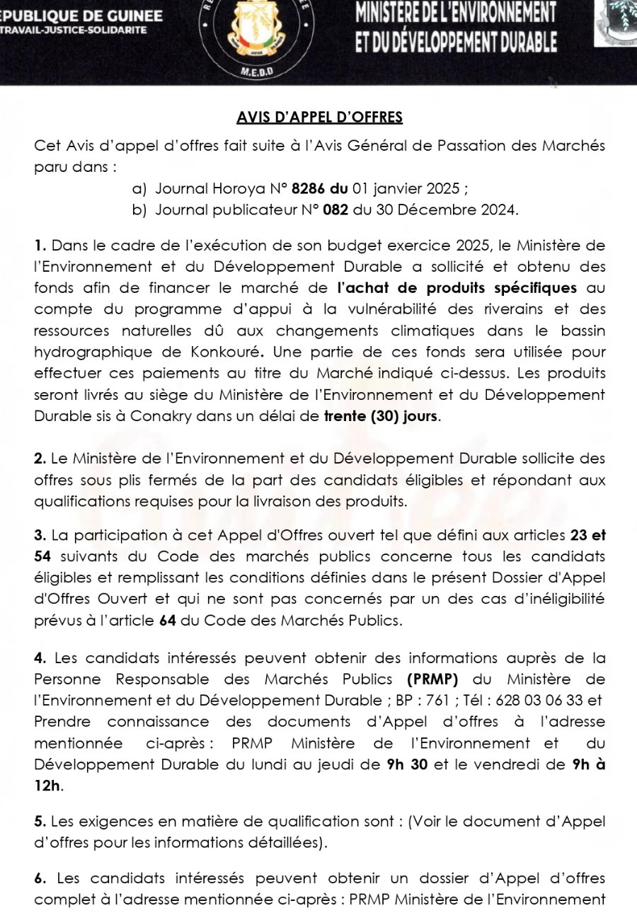 Avis d'appel d'offres pour le marché de l’achat de produits spécifiques  | Page 1