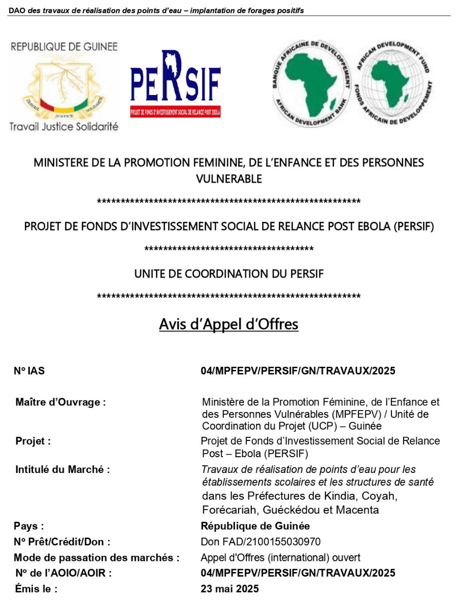 Avis d'appel d'offres pour les Travaux de réalisation de points d’eau pour les établissements scolaires et les structures de santé | Page 1