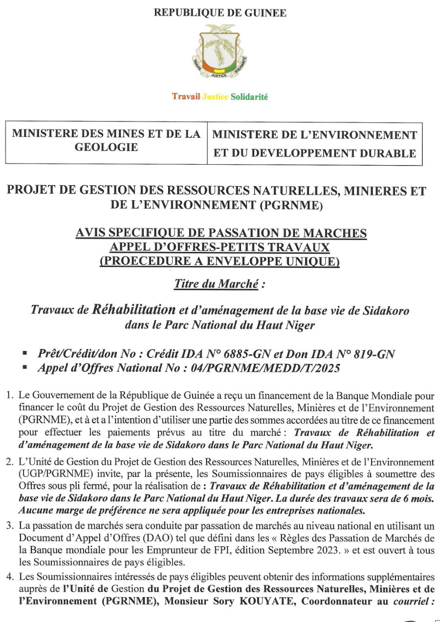 Avis d'appel d'offres pour des Travaux de Réhabilitation et d’aménagement de la base vie de Sidakoro dans le Parc National du Haut Niger | Page 1