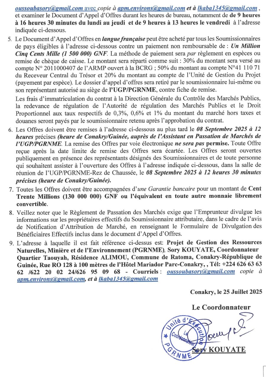 Avis d'appel d'offres pour des Travaux de Réhabilitation et d’aménagement de la base vie de Sidakoro dans le Parc National du Haut Niger | Page 2