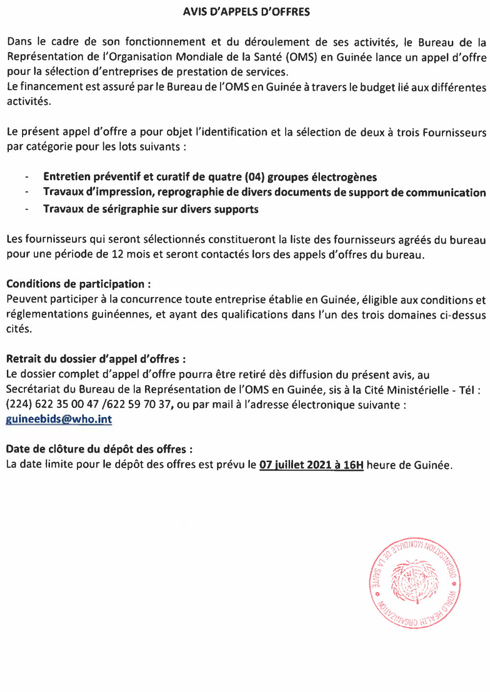 Avis d'Appel d'Offre Pour La Sélection de Trois Fournisseurs