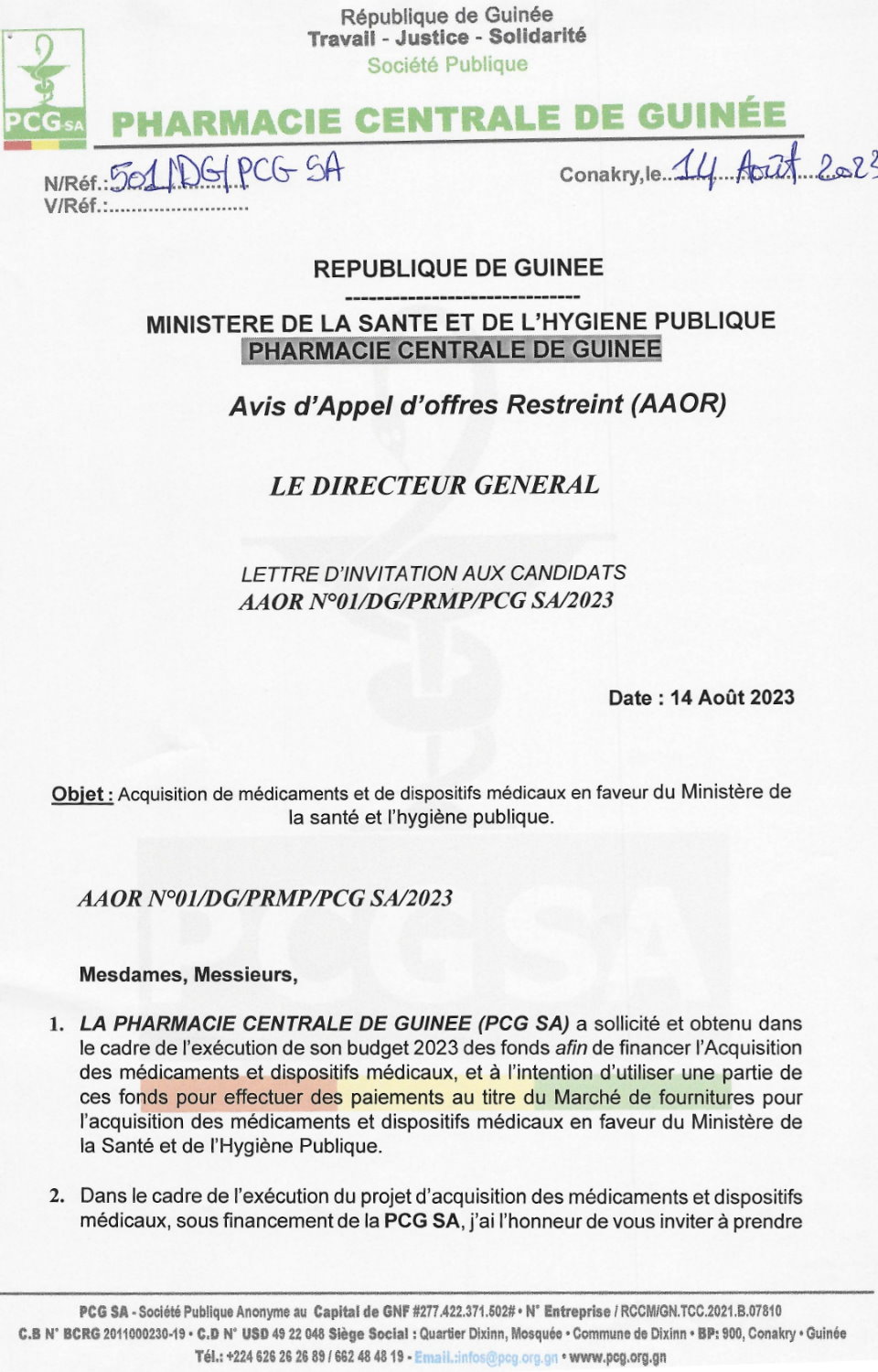 Acquisition de médicaments et de dispositifs médicaux en faveur du Ministère de la santé et l'hygiène publique | Page 1