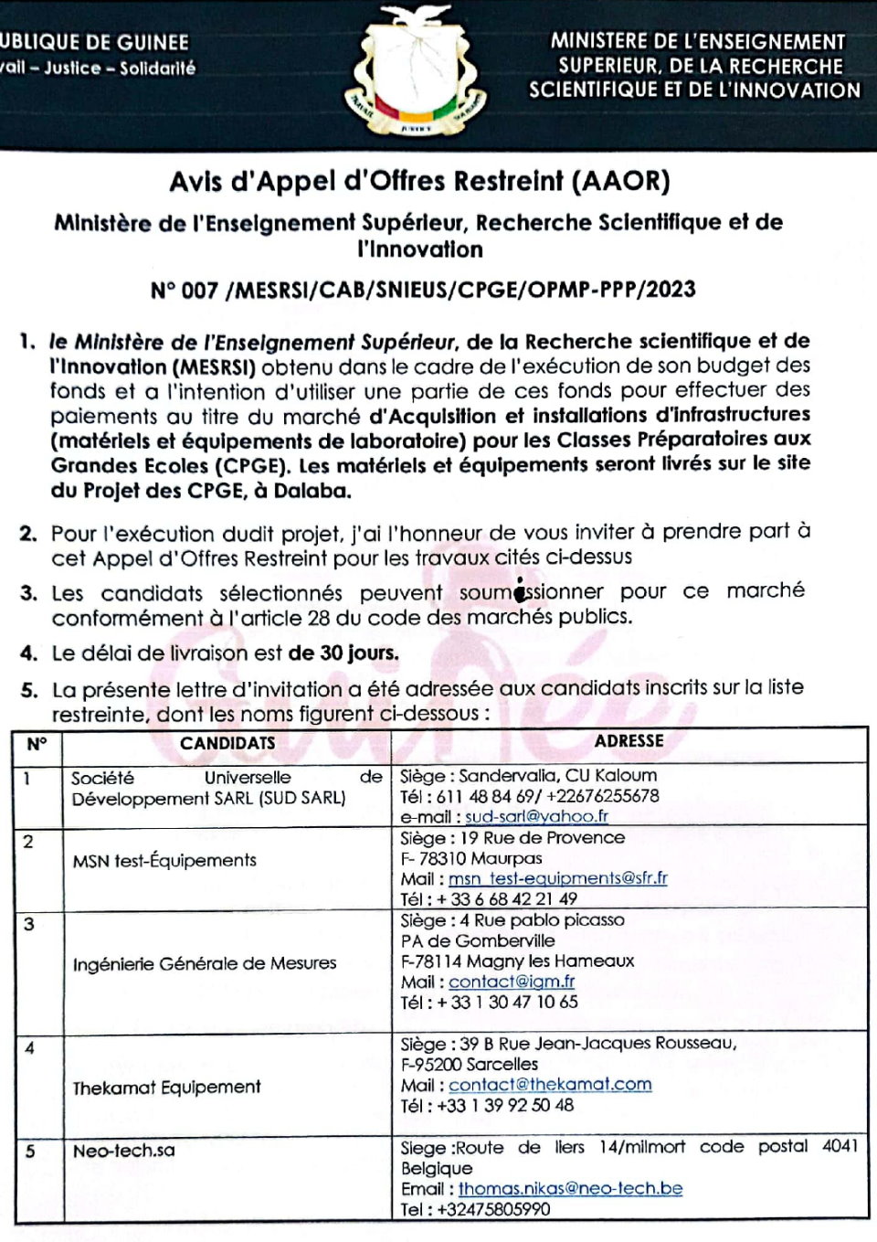 Avis d'appel d'offres pour le marché d'Acquisition et installations d'infrastructures (matériels et équipements de laboratoire) pour les Classes Préparatoires aux Grandes Ecoles (CPGE) | Page 1