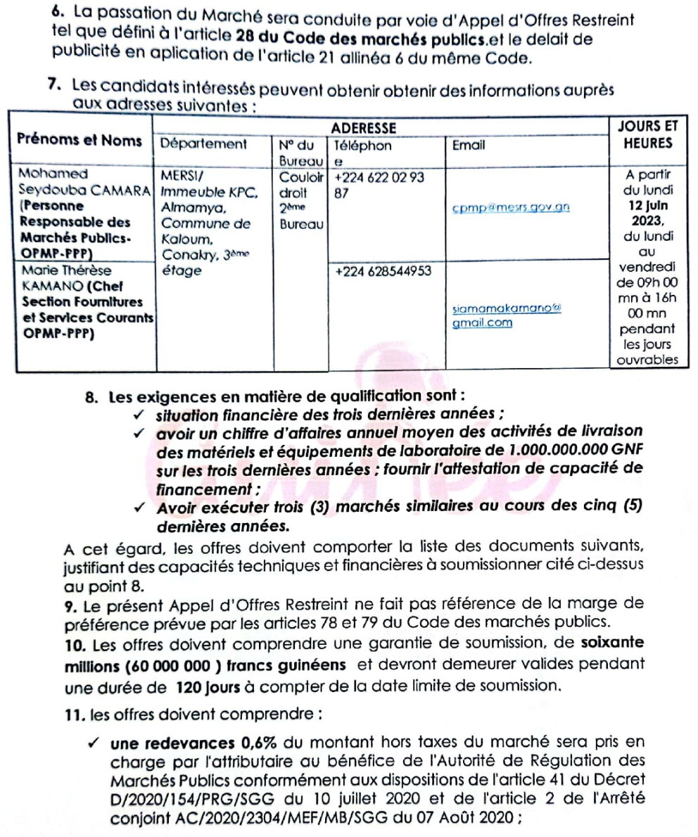 Avis d'appel d'offres pour le marché d'Acquisition et installations d'infrastructures (matériels et équipements de laboratoire) pour les Classes Préparatoires aux Grandes Ecoles (CPGE) | Page 2