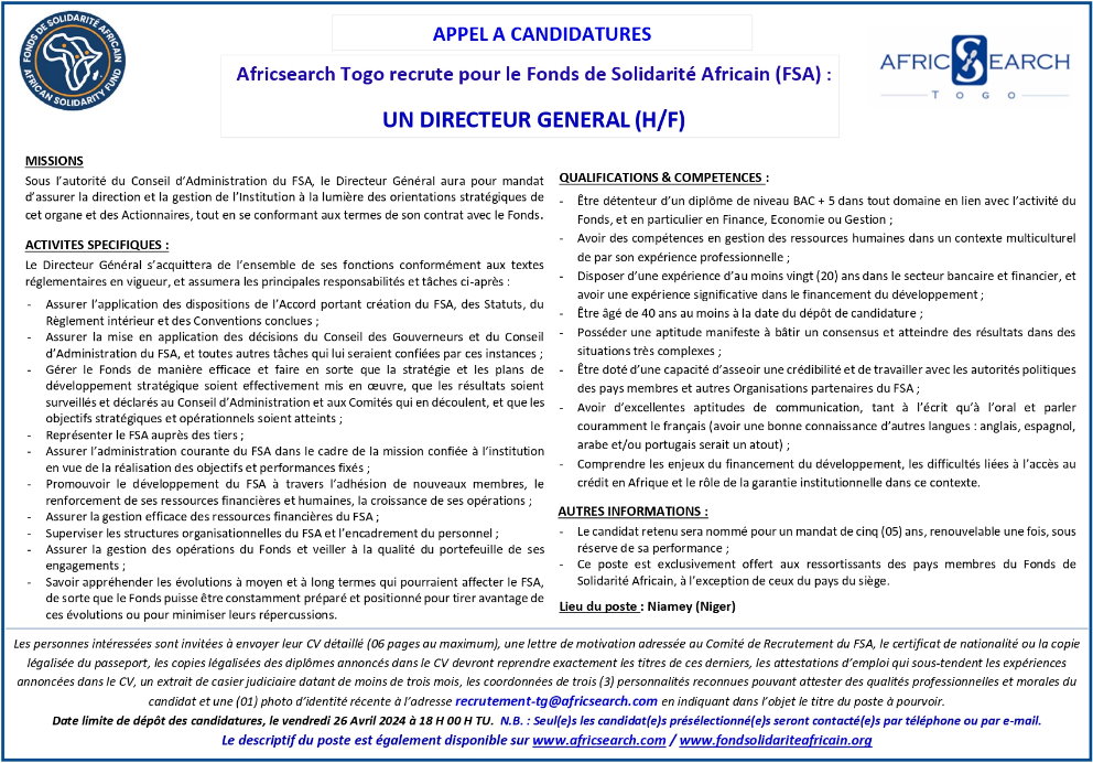 Avis de Recrutement D'un Directeur Général (H/F)