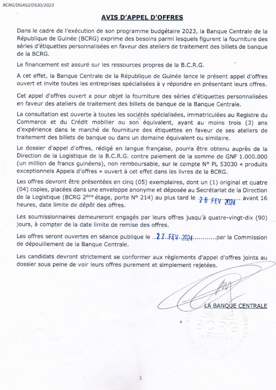 Avis d'appel d'offres pour la fourniture des séries d'étiquettes personnalisées en faveur des ateliers de traitement des billets de banque de la BCRG