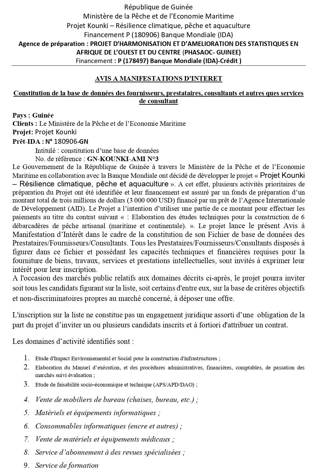 AVIS A MANIFESTATIONS D’INTERET Constitution de la base de données des fournisseurs, prestataires, consultants et autres ques services de consultant | Page 1