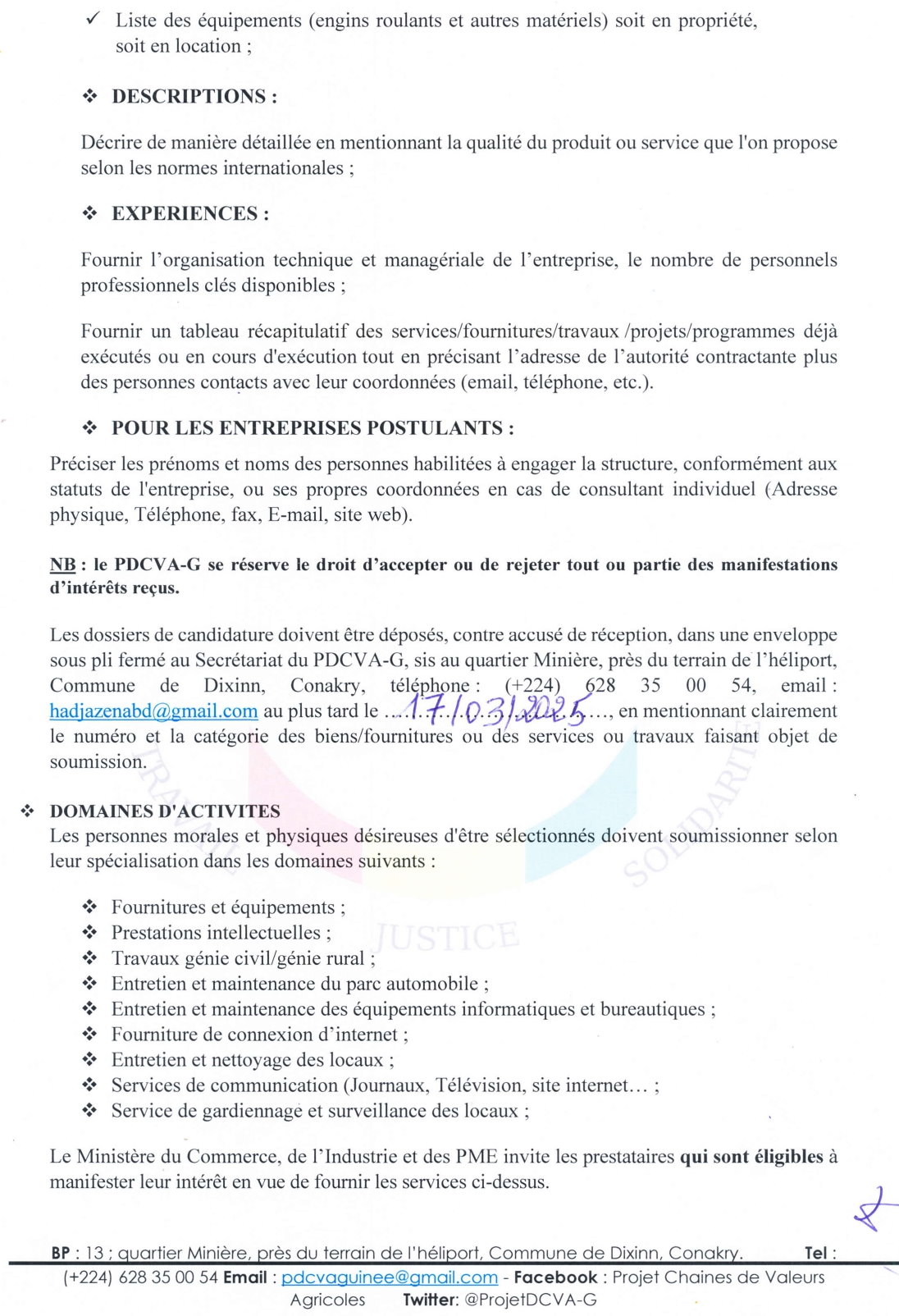 Avis à manifestation d'intérêt pour la Constitution de base de données des prestataires du PDCVA-G | Page 2