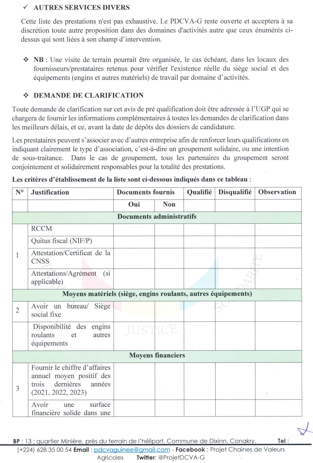 Avis à manifestation d'intérêt pour la Constitution de base de données des prestataires du PDCVA-G | Page 3