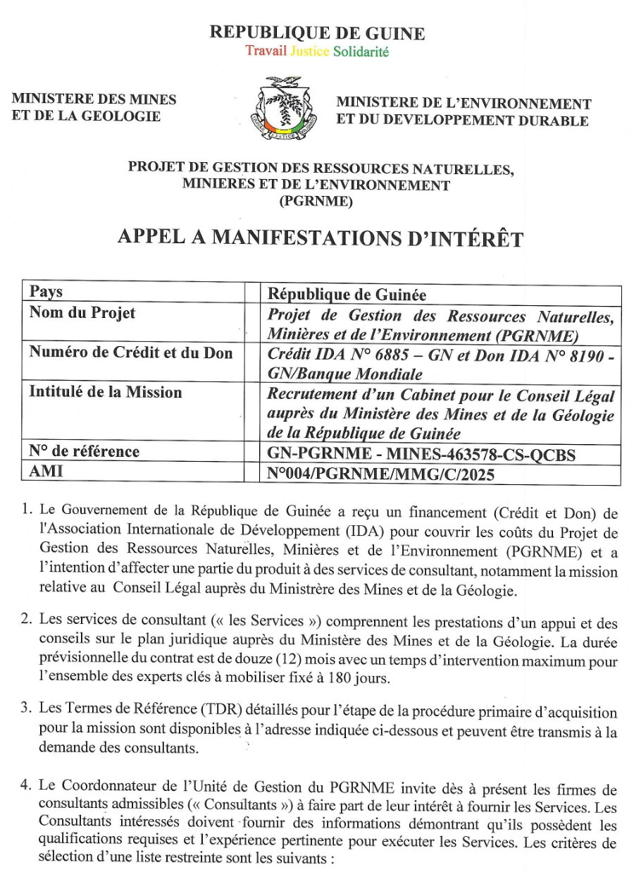 Avis de Recrutement d’un Cabinet pour le Conseil Légal auprès du Ministère des Mines et de la Géologie de la République de Guinée | Page 1