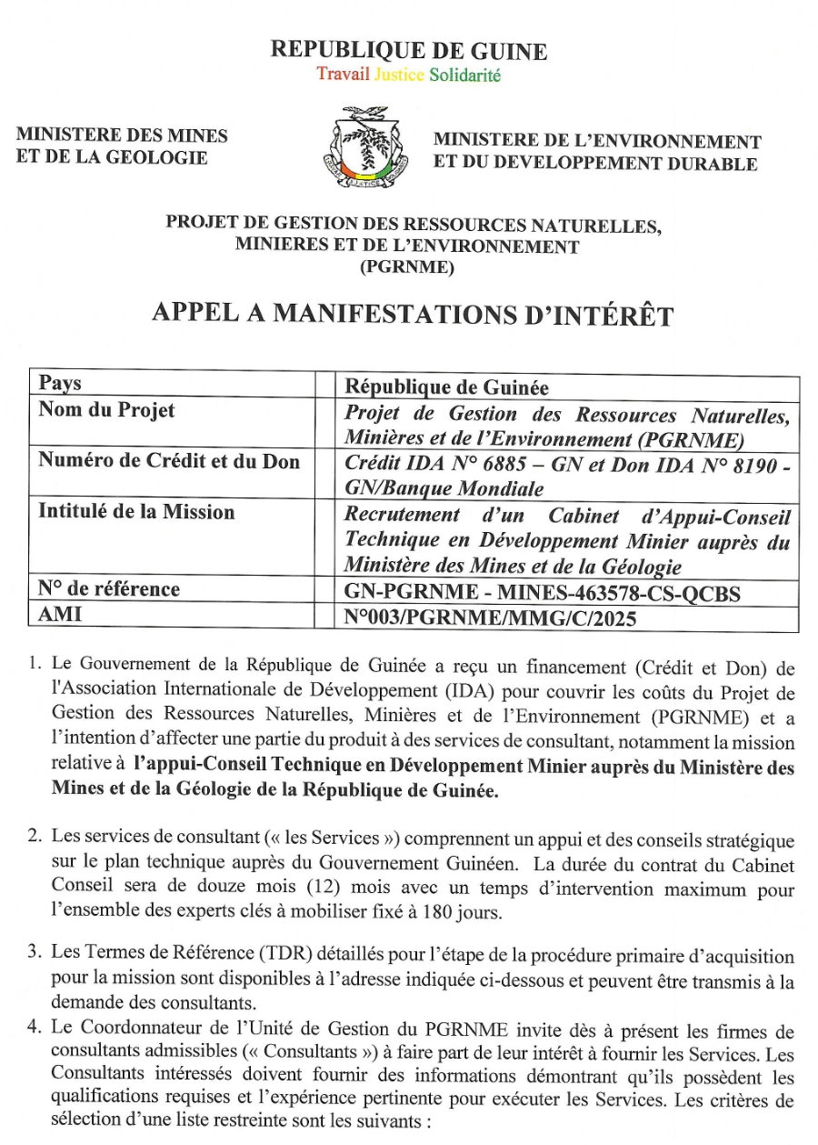 Avis de Recrutement d’un Cabinet d’Appui-Conseil Technique en Développement Minier auprès du Ministère des Mines et de la Géologie | Page 1