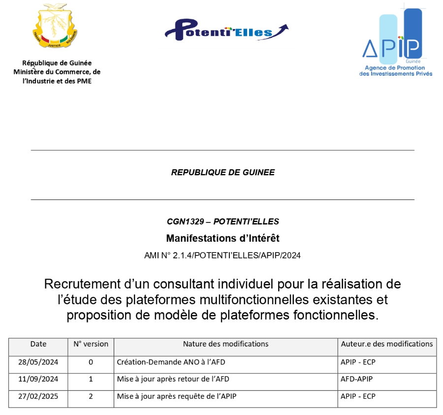 Recrutement d’un consultant individuel pour la réalisation de l’étude des plateformes multifonctionnelles existantes et proposition de modèle de plateformes fonctionnelles | Page 1