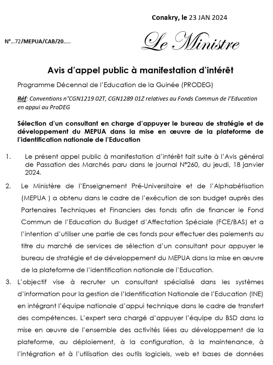 Sélection d’un consultant en charge d’appuyer le bureau de stratégie et de développement du MEPUA dans la mise en œuvre de la plateforme de l’identification nationale de l’Education | Page 1