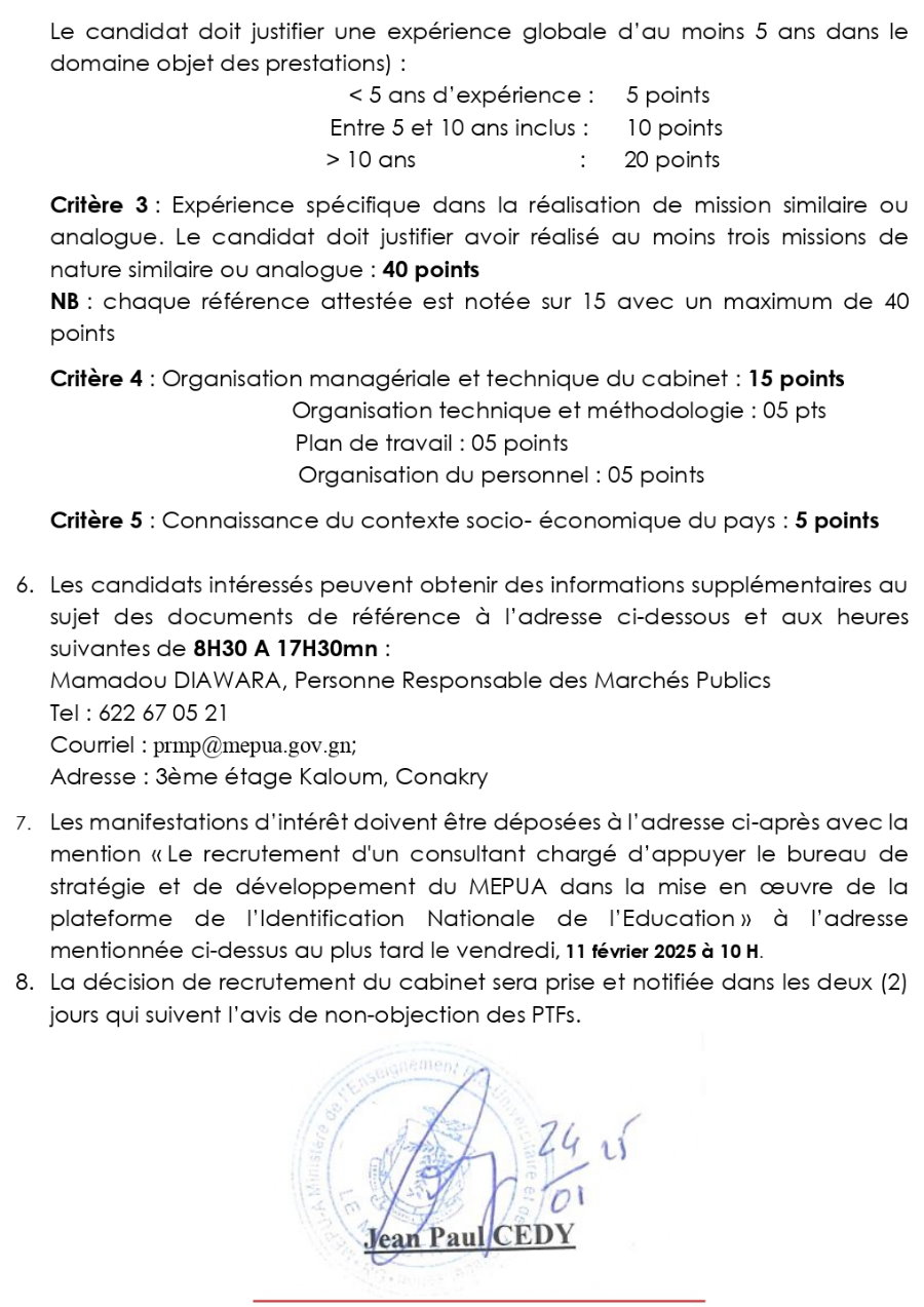 Sélection d’un consultant en charge d’appuyer le bureau de stratégie et de développement du MEPUA dans la mise en œuvre de la plateforme de l’identification nationale de l’Education | Page 3