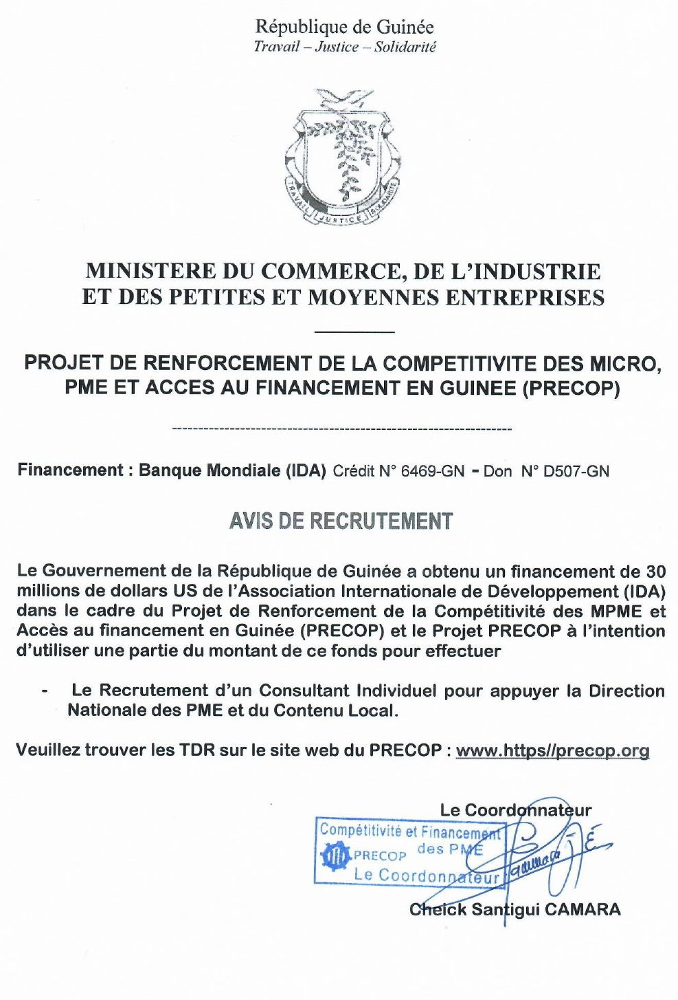  Avis de Recrutement d'un Consultant Individuel pour appuyer la Direction Nationale des PME et du Contenu Local | Page 1