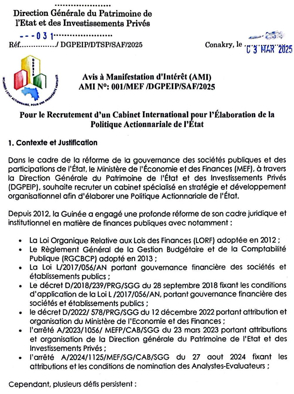 Recrutement d'un cabinet spécialisé en stratégie et développement organisationnel afin d'élaborer une Politique Actionnariale de l'État | Page 1