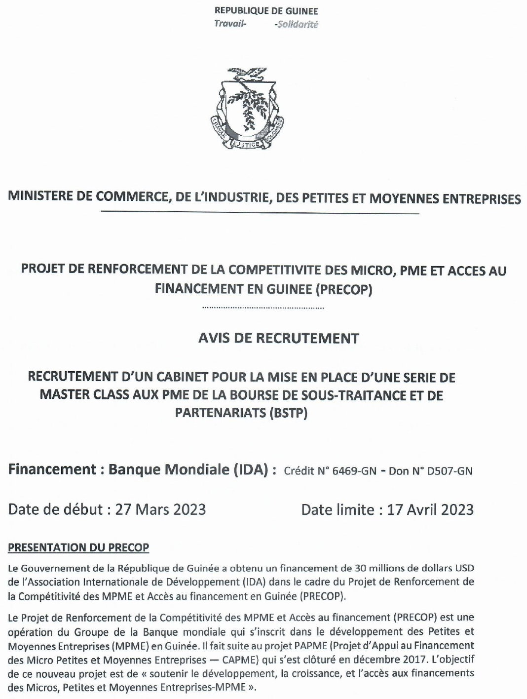 AVIS DE RECRUTEMENT POUR LE RECRUTEMENT D’UN CABINET POUR LA MISE EN PLACE D’UNE SERIE DE MASTER CLASS AUX PME DE LA BOURSE DE SOUS-TRAITANCE ET DE PARTENARIATS (BSTP) | page 1