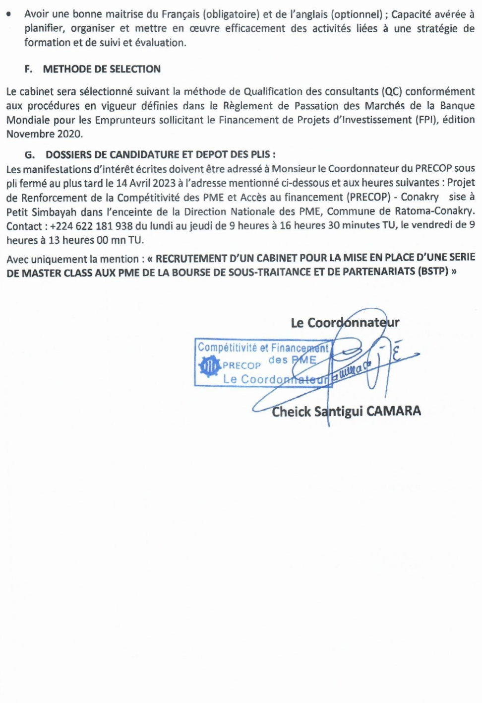 AVIS DE RECRUTEMENT POUR LE RECRUTEMENT D’UN CABINET POUR LA MISE EN PLACE D’UNE SERIE DE MASTER CLASS AUX PME DE LA BOURSE DE SOUS-TRAITANCE ET DE PARTENARIATS (BSTP) | page 5