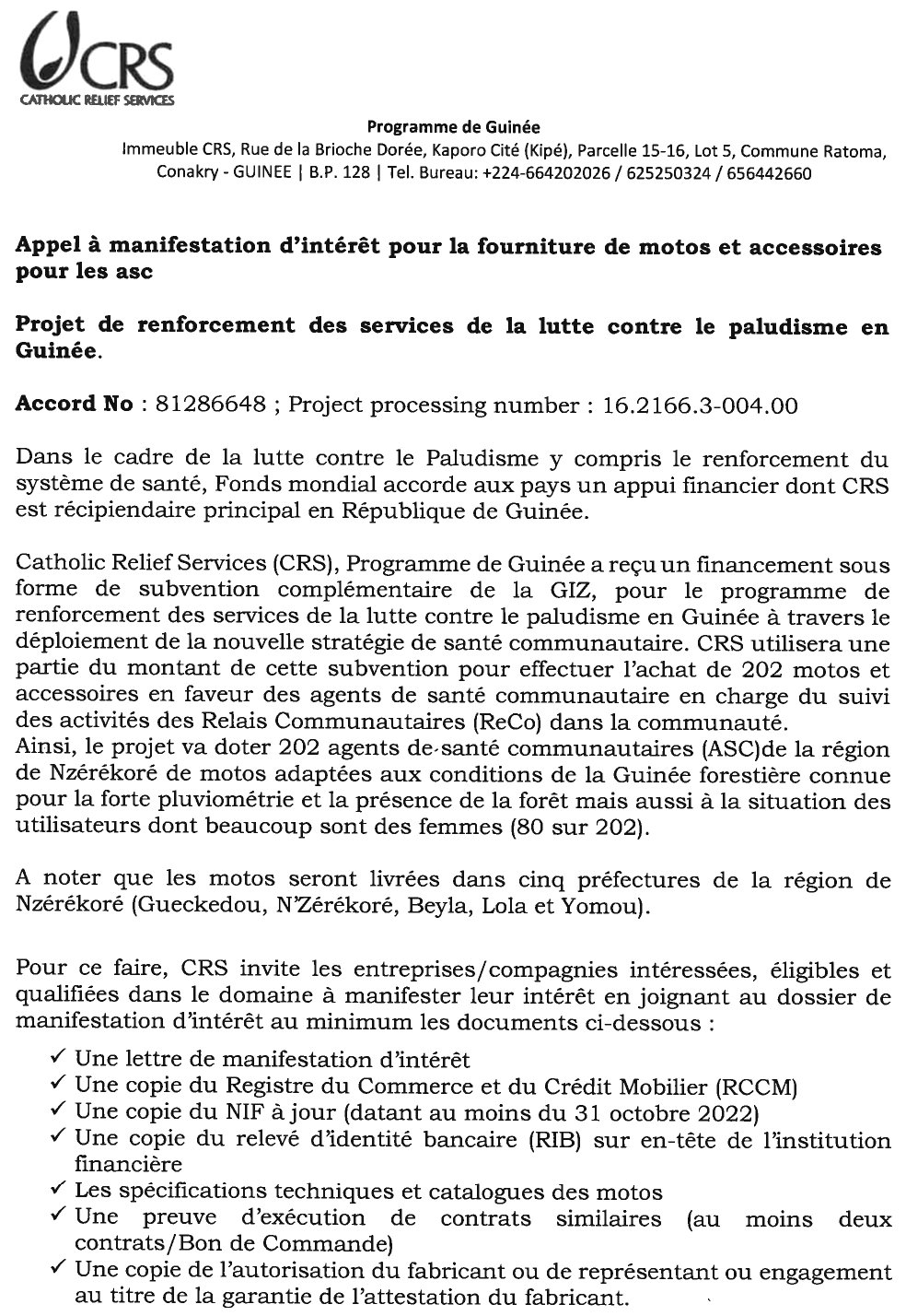 Appel à manifestation d’intérêt pour la fourniture de motos et accessoires pour les asc Appel d'Offres | Page 1