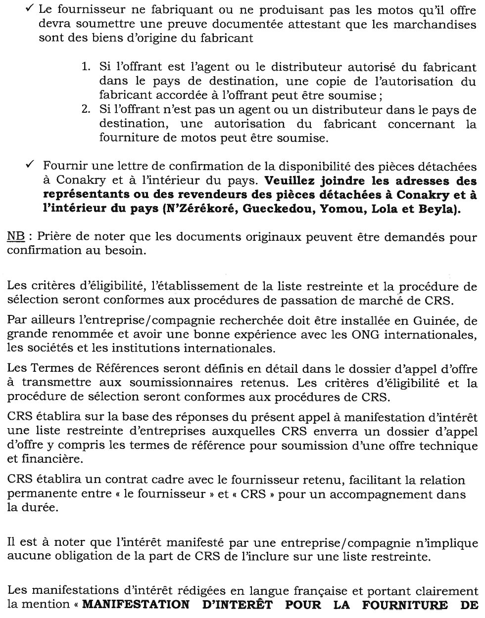Appel à manifestation d’intérêt pour la fourniture de motos et accessoires pour les asc Appel d'Offres | Page 2