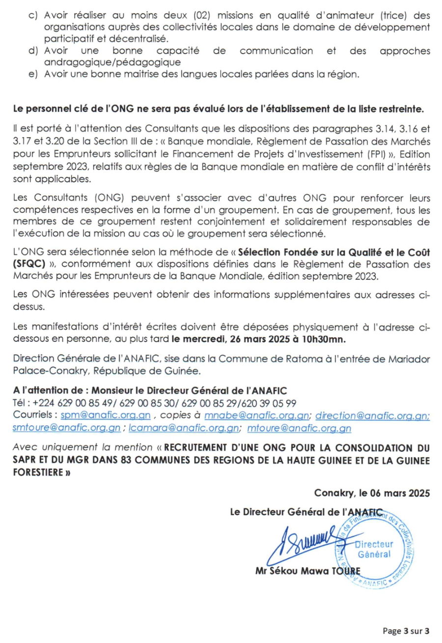 Recrutement d’une ONG pour la consolidation du Système d’Alerte Précoce et de Réponse (SAPR) et du Mécanisme de Gestion des Réclamations (MGR) au profit de quatre- vingt-trois (83) collectivités locales des régions de la Haute Guinée et de la Guinée Forestière | Page 3