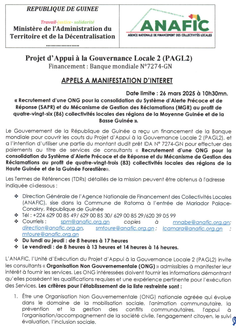 Recrutement d’une ONG pour la consolidation du Système d’Alerte Précoce et de Réponse (SAPR) et du Mécanisme de Gestion des Réclamations (MGR) au profit de quatre- vingt-six (86) collectivités locales | Page 1