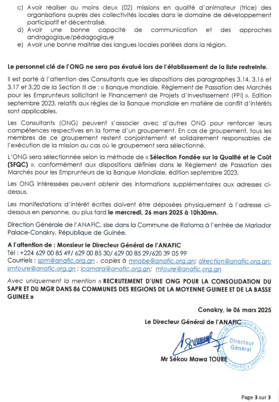 Recrutement d’une ONG pour la consolidation du Système d’Alerte Précoce et de Réponse (SAPR) et du Mécanisme de Gestion des Réclamations (MGR) au profit de quatre- vingt-six (86) collectivités locales | Page 3