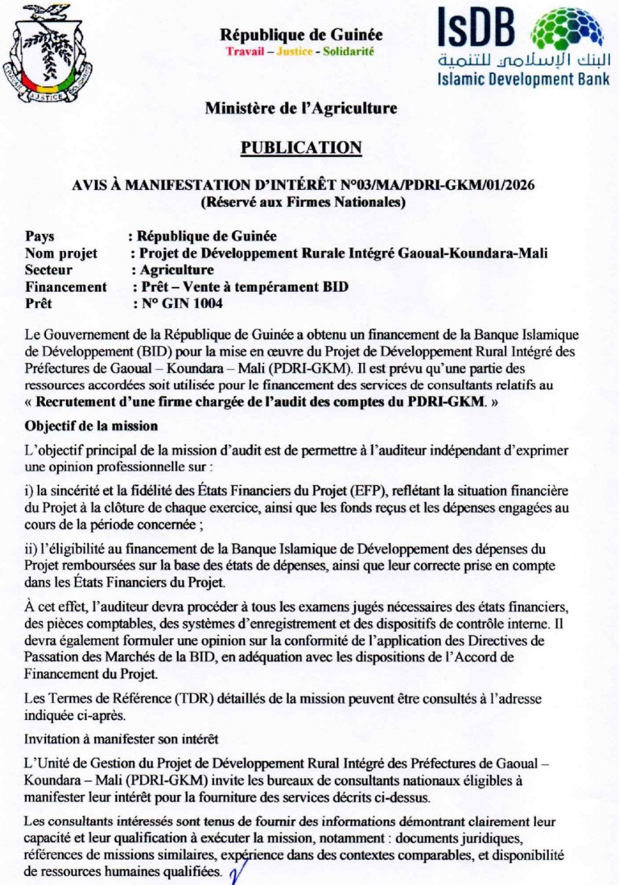 Avis de recrutement d’une firme chargée de l’audit des comptes du PDRI-GKM | Page 1