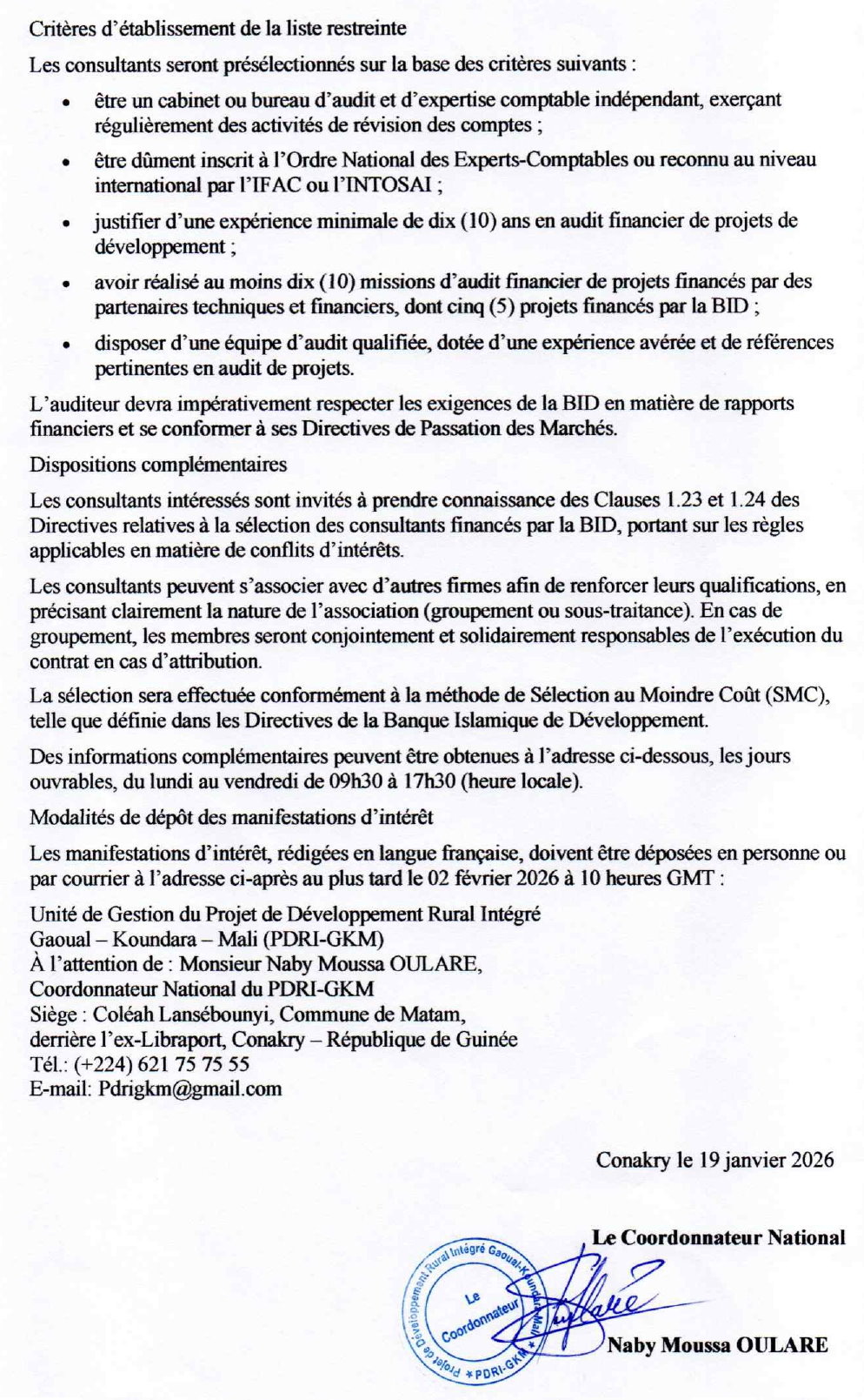 Avis de recrutement d’une firme chargée de l’audit des comptes du PDRI-GKM | Page 2