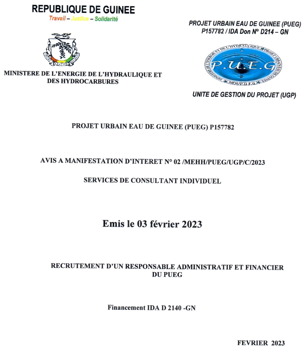 AVIS A MANIFESTATION D’INTERET POUR LE RECRUTEMENT D’UN RESPONSABLE ADMINISTRATIF ET FINANCIER DU PUEG | Page 1