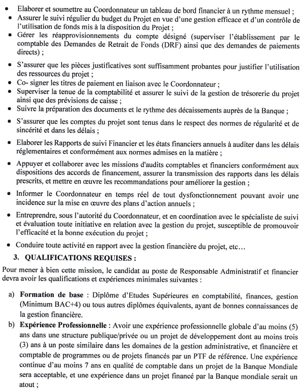 AVIS A MANIFESTATION D’INTERET POUR LE RECRUTEMENT D’UN RESPONSABLE ADMINISTRATIF ET FINANCIER DU PUEG | Page 3
