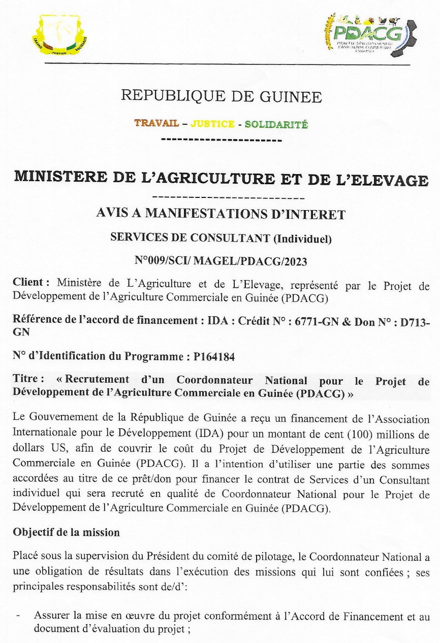 AVIS DE RECRUTEMENT D’UN COORDONNATEUR NATIONAL POUR LE PROJET DE DÉVELOPPEMENT DE L’AGRICULTURE COMMERCIALE EN GUINÉE (PDACG) | Page 1