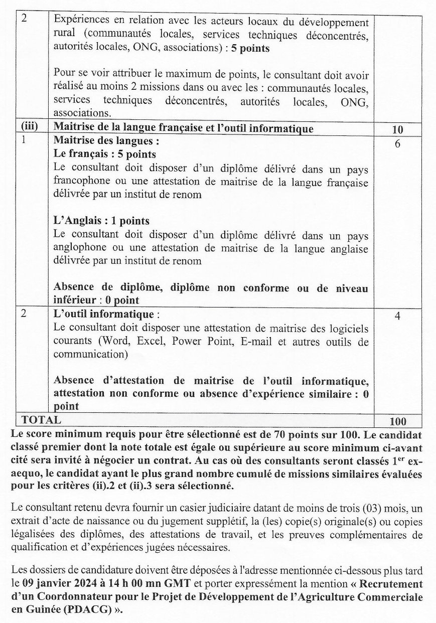 AVIS DE RECRUTEMENT D’UN COORDONNATEUR NATIONAL POUR LE PROJET DE DÉVELOPPEMENT DE L’AGRICULTURE COMMERCIALE EN GUINÉE (PDACG) | Page 6