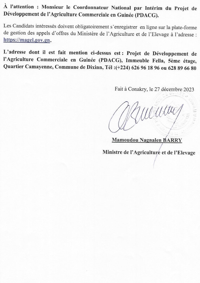 AVIS DE RECRUTEMENT D’UN COORDONNATEUR NATIONAL POUR LE PROJET DE DÉVELOPPEMENT DE L’AGRICULTURE COMMERCIALE EN GUINÉE (PDACG) | Page 7