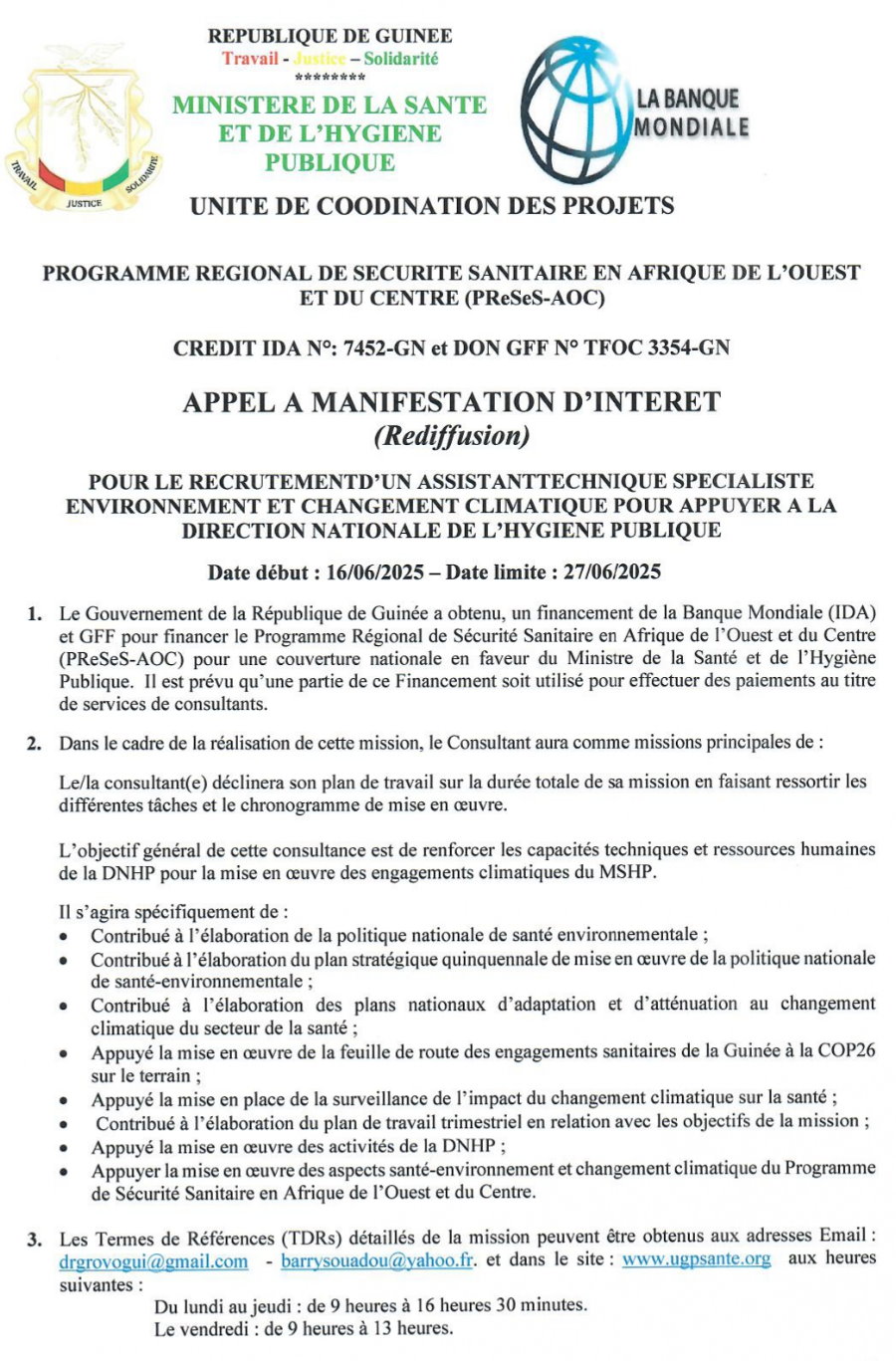 APPEL A MANIFESTATION D’INTERET POUR LE RECRUTEMENTD’UN ASSISTANTTECHNIQUE SPECIALISTE ENVIRONNEMENT ET CHANGEMENT CLIMATIQUE POUR APPUYER A LA DIRECTION NATIONALE DE L’HYGIENE PUBLIQUE | Page 1