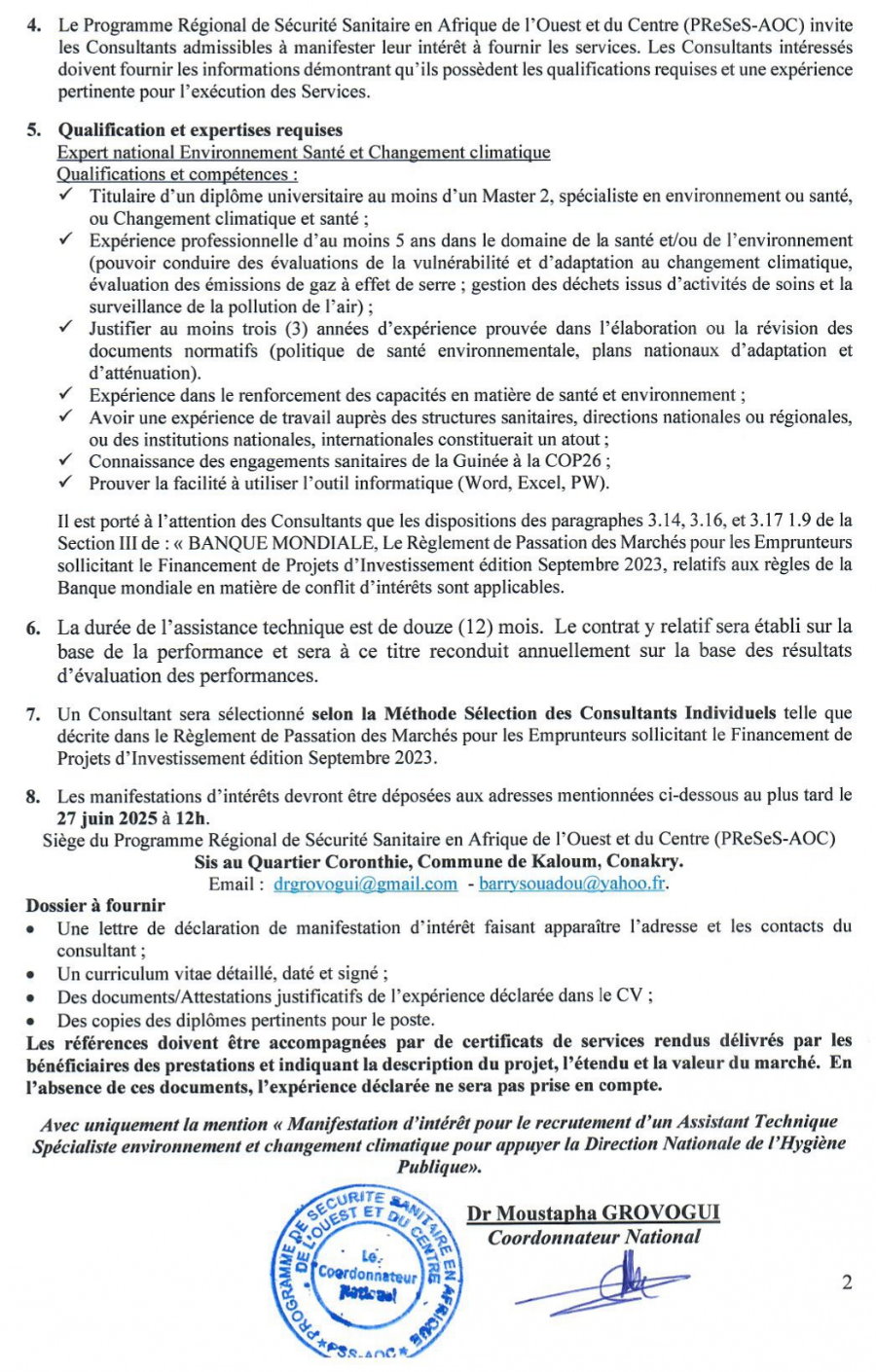 APPEL A MANIFESTATION D’INTERET POUR LE RECRUTEMENTD’UN ASSISTANTTECHNIQUE SPECIALISTE ENVIRONNEMENT ET CHANGEMENT CLIMATIQUE POUR APPUYER A LA DIRECTION NATIONALE DE L’HYGIENE PUBLIQUE | Page 2