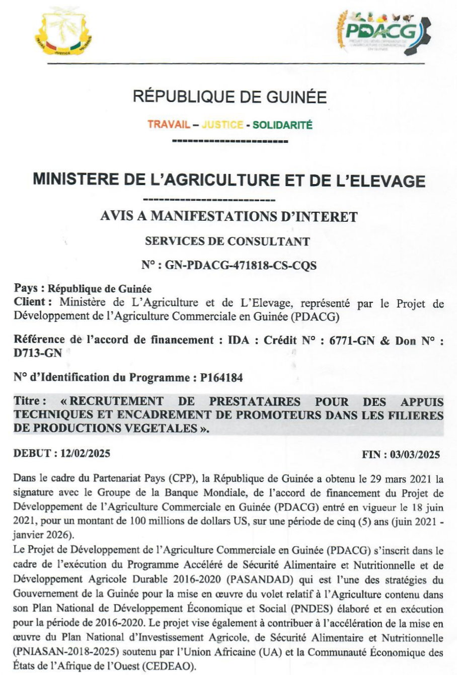 Avis De Recrutement De Prestataires Pour Des Appuis Techniques Et Encadrement De Promoteurs Dans Les Filières De Productions Végétales | Page 1